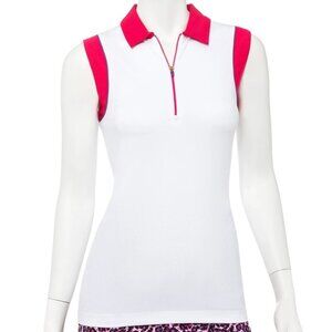 EP Pro Sleeveless White & Pink Women's Golf Polo Shirt With Zip Collar - SM